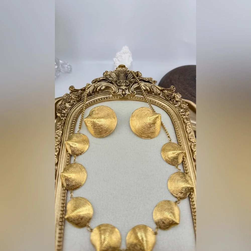 Gold Textured Bead Statement Necklace & Earring Set – Stainless Steel - Picture 16 of 17